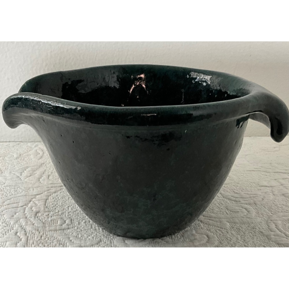 Bennington Potters Vermont 1880‎ Green Glazed Pottery Mixing Bowl Spout Handle